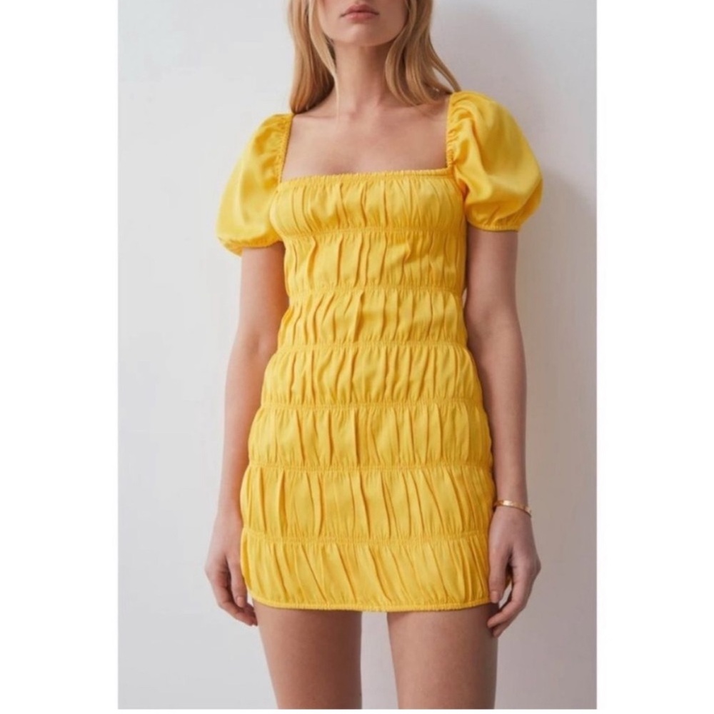 BOSKEMPER Studio Smocked Square Neck Puff Sleeve Mini Dress Citrus L Milkmaid